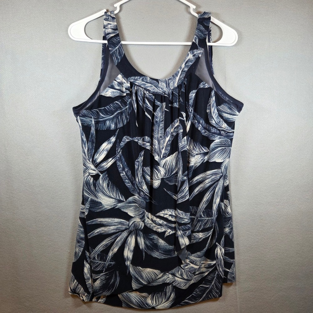 Miraclesuit Ursula Navy Blue Tropical‎ Palm Leaf Draped Tankini Top US 16 Swim